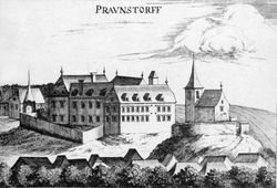 Braunsdorf. Ansicht des Schlosses im 17. Jh., die auf dem isolierten Hügel gelegene Kirche ist heute verschwunden - © Georg Matthäus Vischer