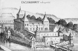 Enzersdorf. Das vieltürmige Schloss auf dem Vischer-Stich von 1672. - © Georg Matthäus Vischer