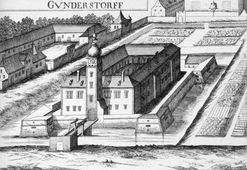 Guntersdorf. Die Schlossanlage mit intakter Befestigung und den noch heute tlw. erhaltenen Wirtschaftseinheiten und Gartenanlagen  (1672) - © Georg Matthäus Vischer