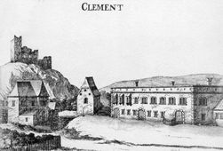 Klement. Vischer-Stich von 1672 mit Burgruine und schlossartigem Meierhof im Vordergrund. - © Georg Matthäus Vischer