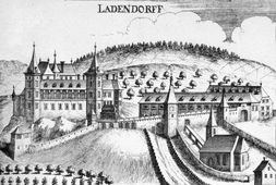 Ladendorf. Ansicht der Anlage im 17. Jh. mit ausgedehnter Peripherie - © Georg Matthäus Vischer