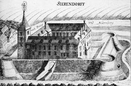 Sierndorf. Vischer-Stich von 1672 mit der Befestigung des Schlosses, heute sind nur noch Reste des Grabens erhalten. - © Georg Matthäus Vischer